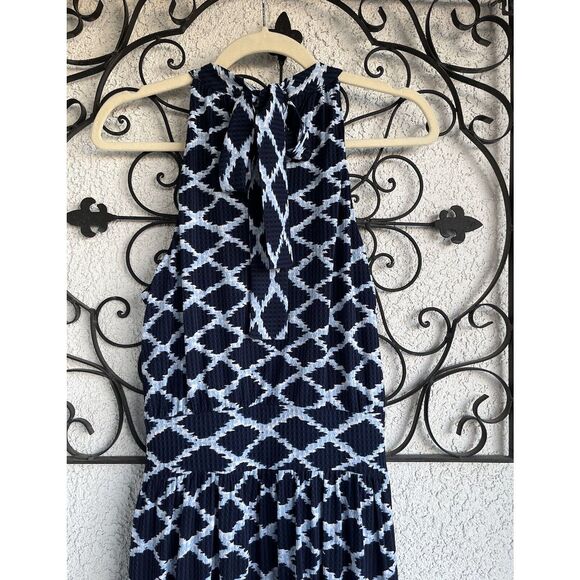 Michael Kors Jacquard Print Midi Halter Dress - Size Large - Navy Blue/ White - Picture 10 of 11